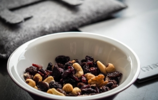 healthy snack of raisins and nuts in a bowl