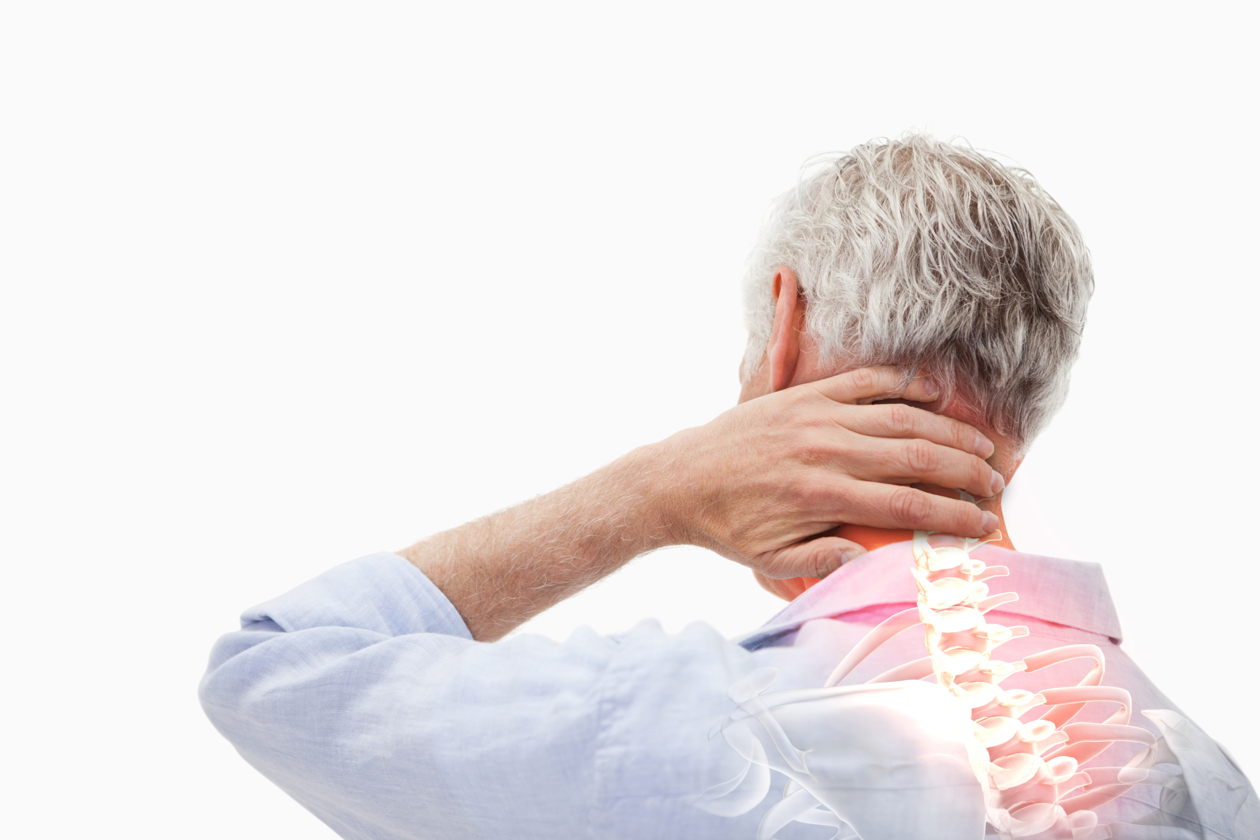 man holding the back of his neck as the graphic of his spine shows up running down his back