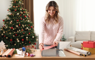 young woman wrapping presents without stress
